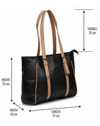 Black handbag with brown straps and dimensions labeled on a white background
