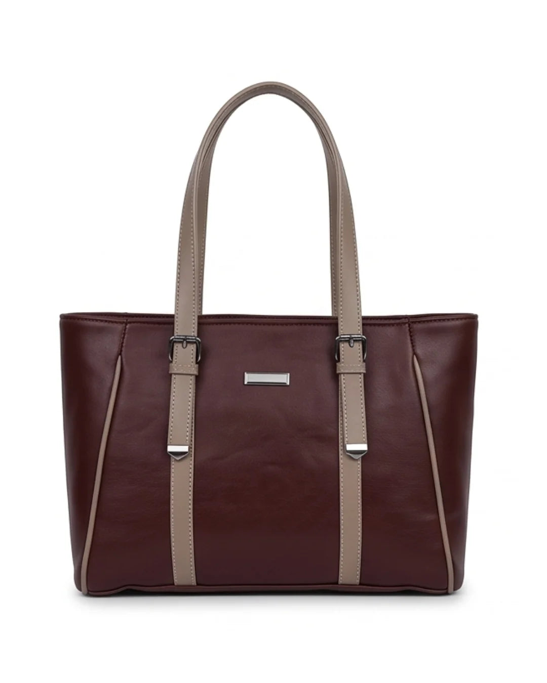 Brown handbag with beige straps on a white background
