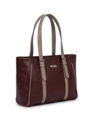 Brown leather tote bag with beige straps on a white background