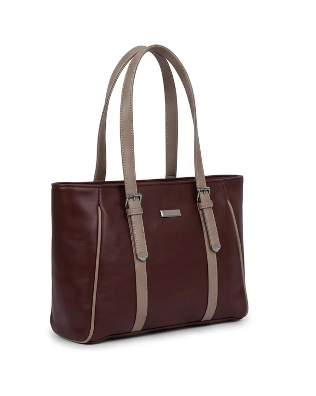 Brown leather tote bag with beige straps on a white background