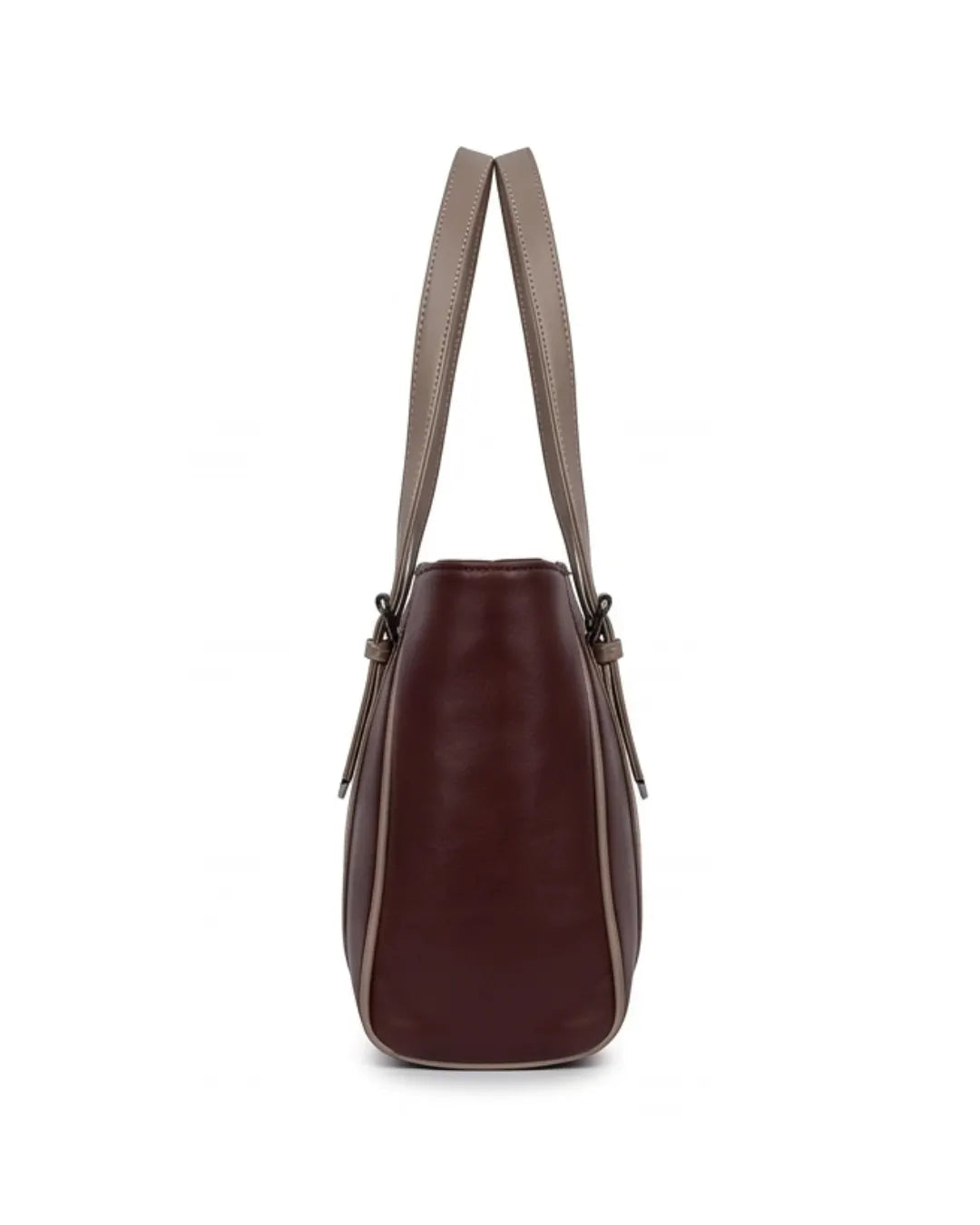 Brown leather handbag with a strap on a white background