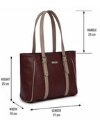 Brown handbag with measurements on a white background