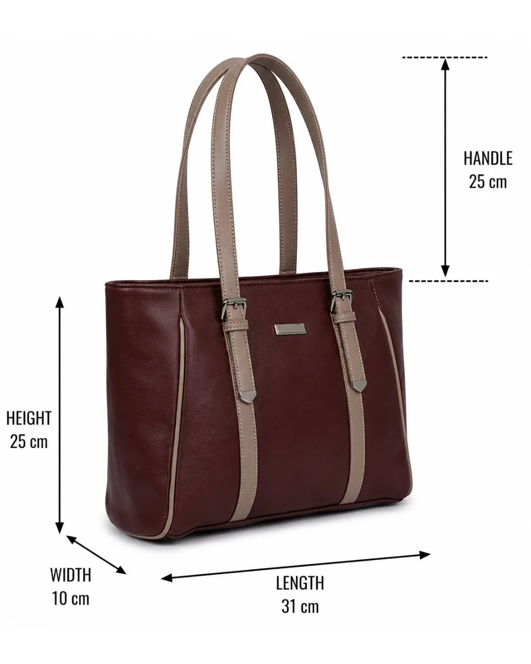 Brown handbag with measurements on a white background