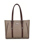 Beige handbag with brown straps on a white background