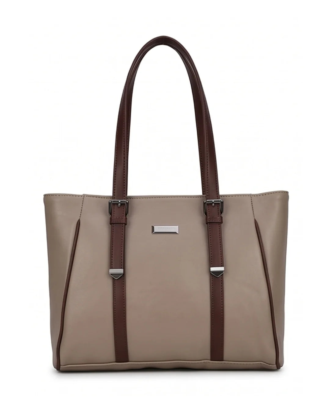 Beige handbag with brown straps on a white background