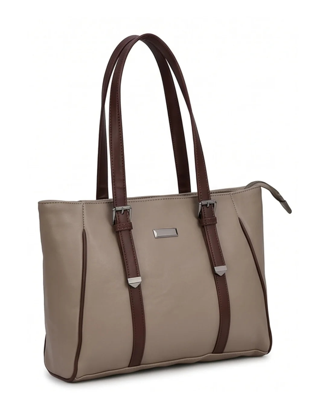 Beige handbag with brown straps on a white background