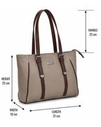 Beige handbag with brown straps and dimensions labeled on a white background