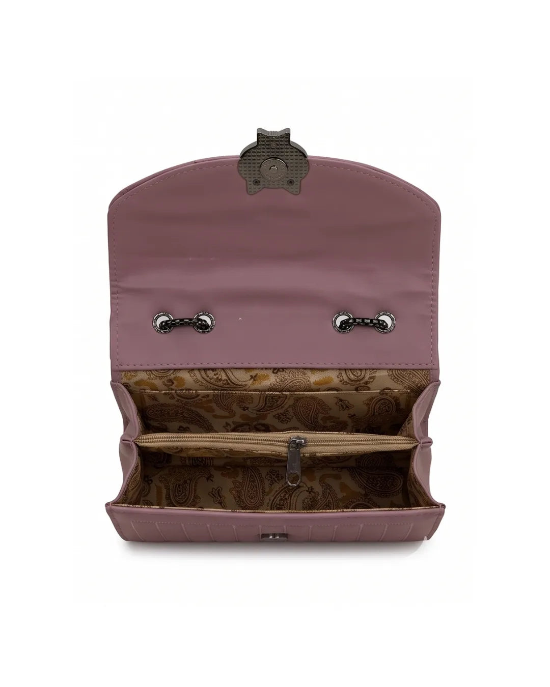 Pink leather clutch bag with floral interior on a white background