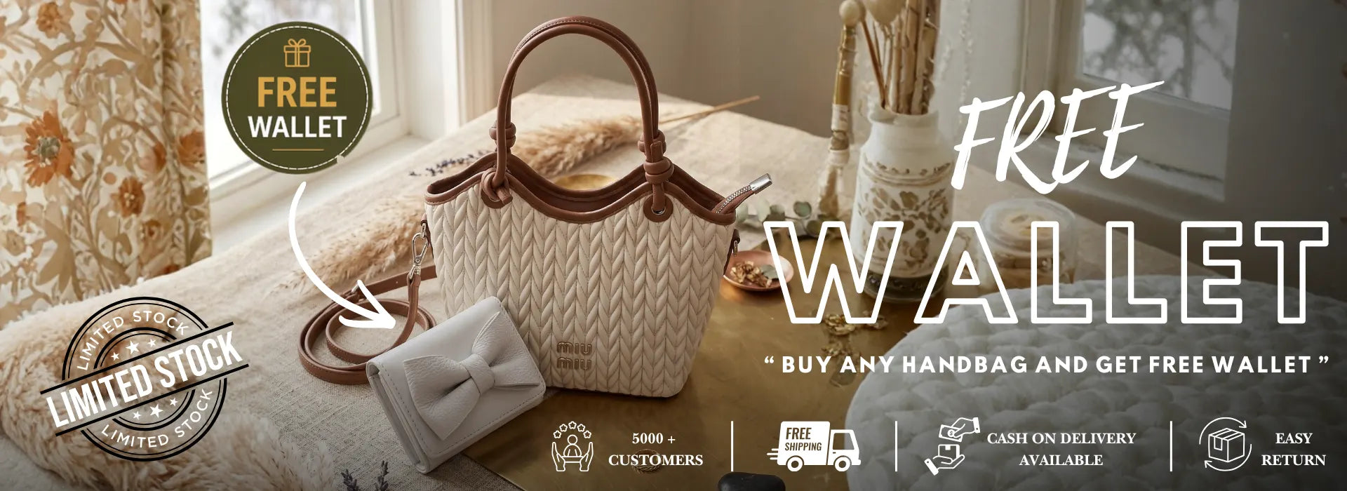 Lora halle Handbag with a free wallet offer on a table with decorative items.