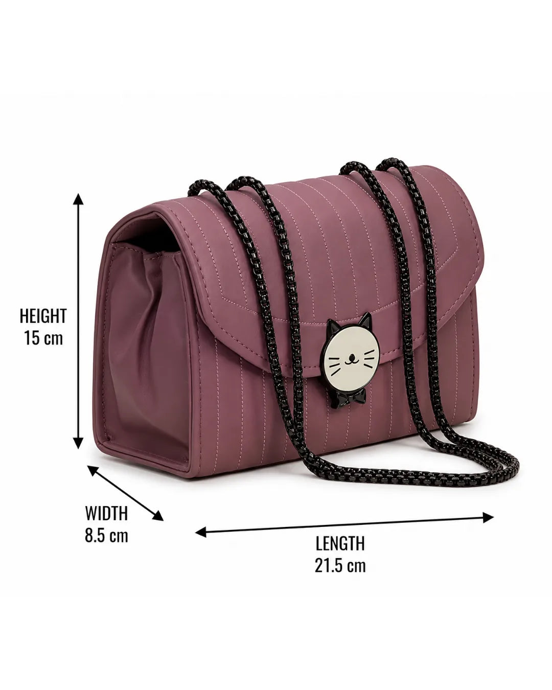 Pink handbag with black chain strap and cat face emblem, shown with measurements on a white background.