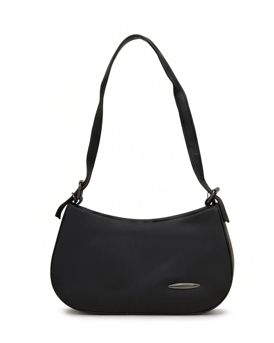 Black handbag with a strap on a white background