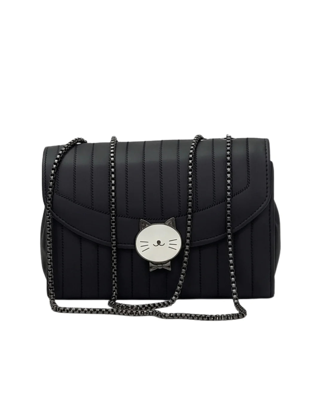 Black quilted handbag with a chain strap on a white background