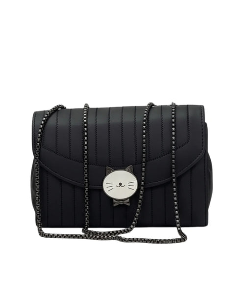 Black quilted handbag with a chain strap on a white background