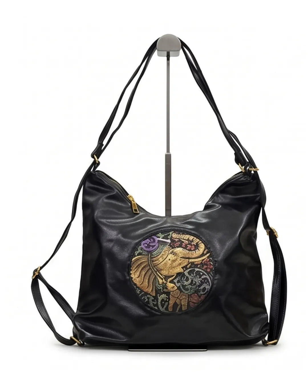 Ethnic Motif Soft Hobo Bag - Black
