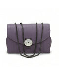 Purple handbag with a cat face emblem and chain strap on a white background