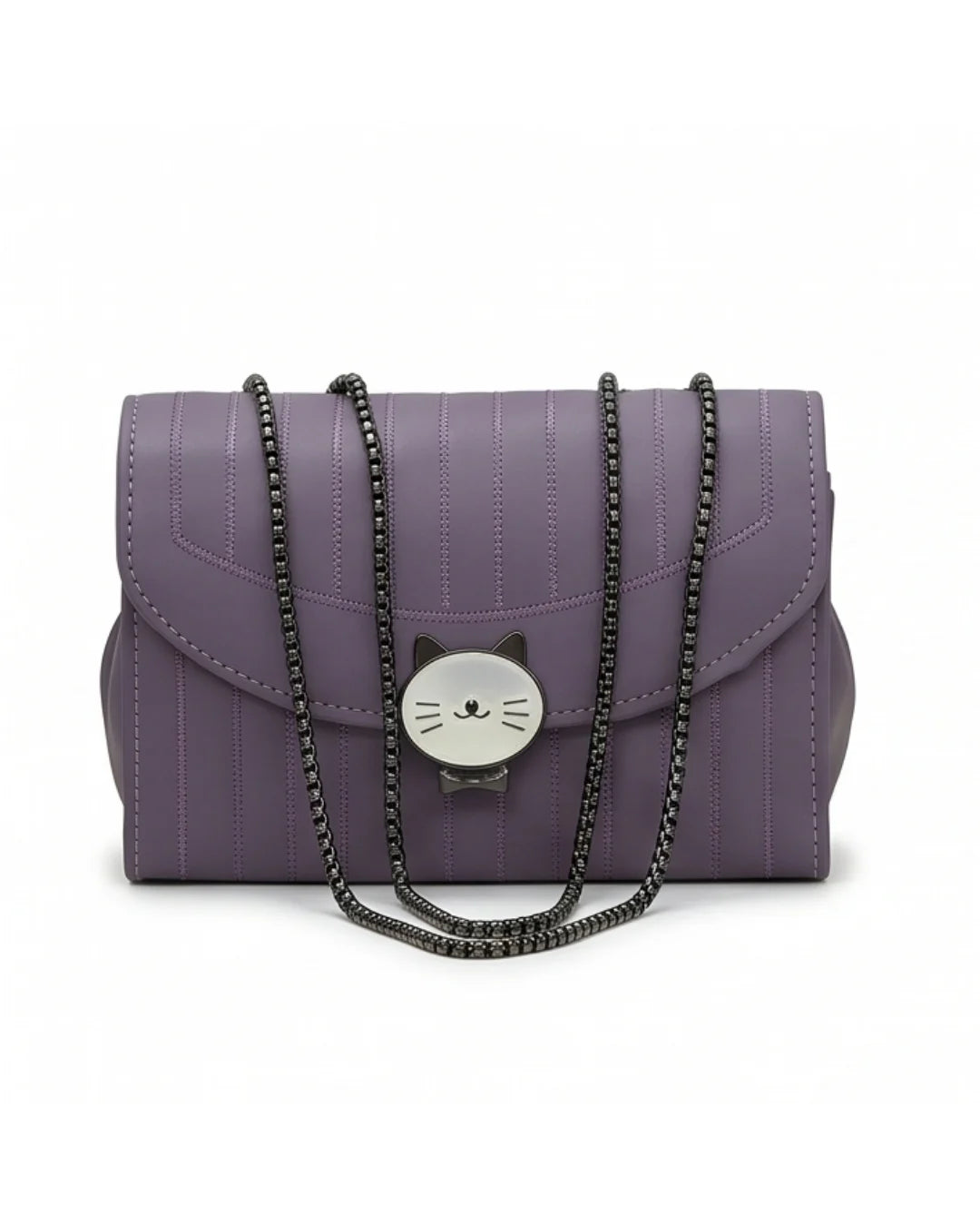 Purple handbag with a cat face emblem and chain strap on a white background