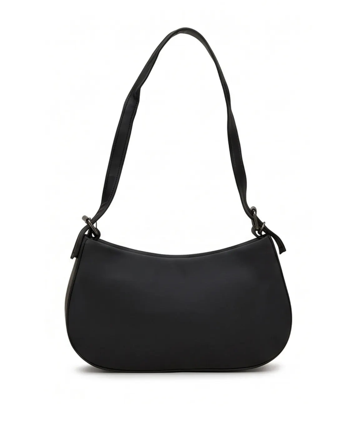 Black handbag with a strap on a white background