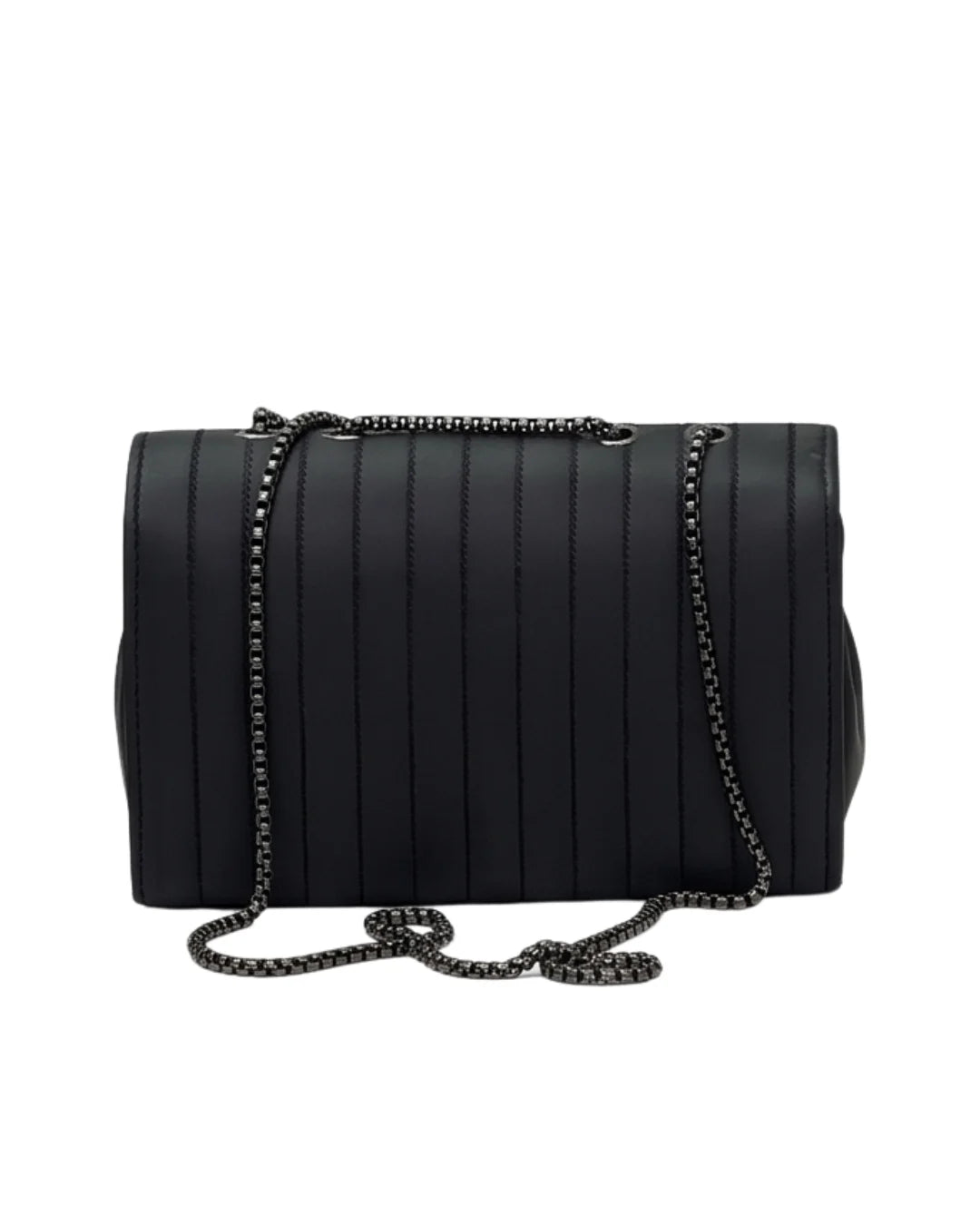 Black quilted handbag with chain strap on a white background