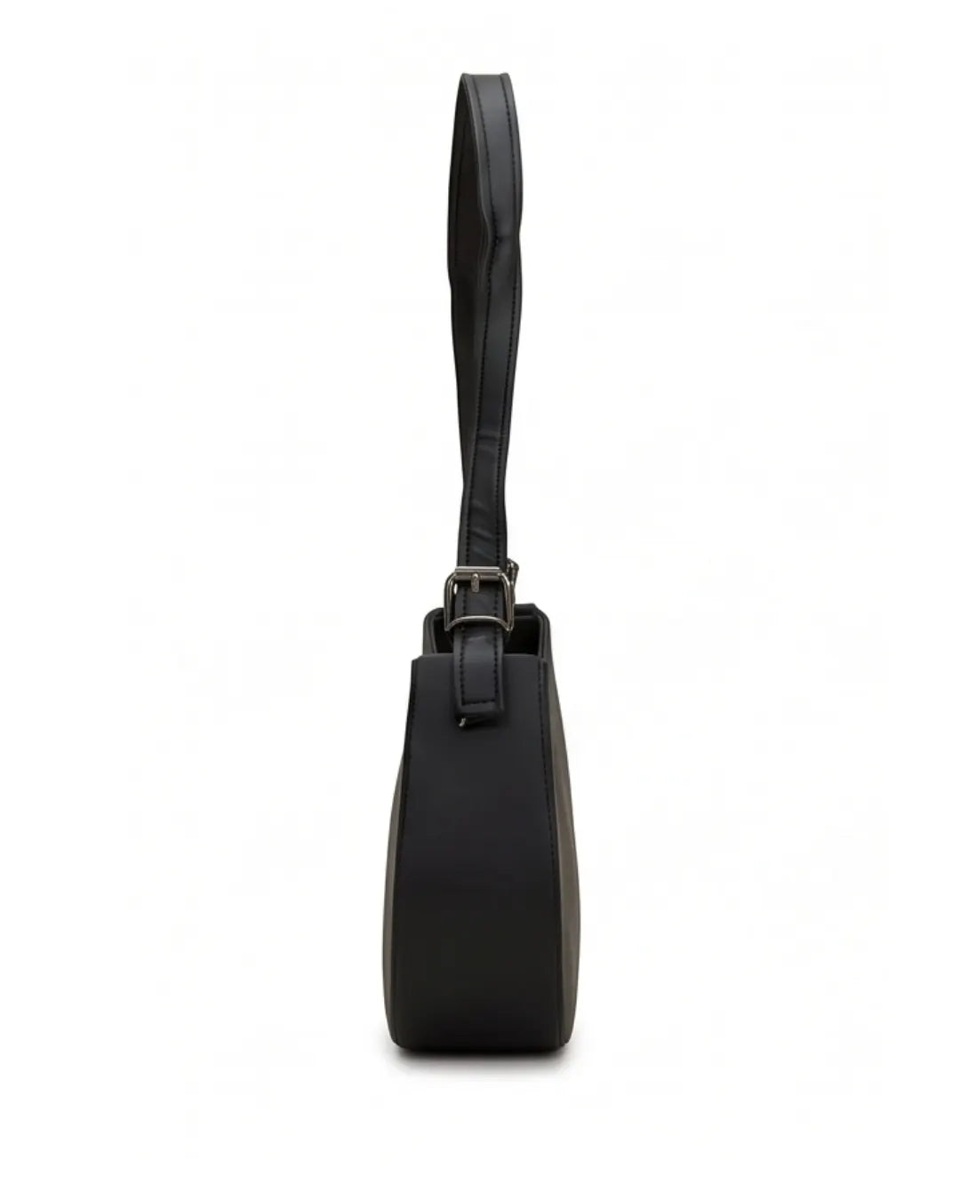Black handbag with a strap on a white background