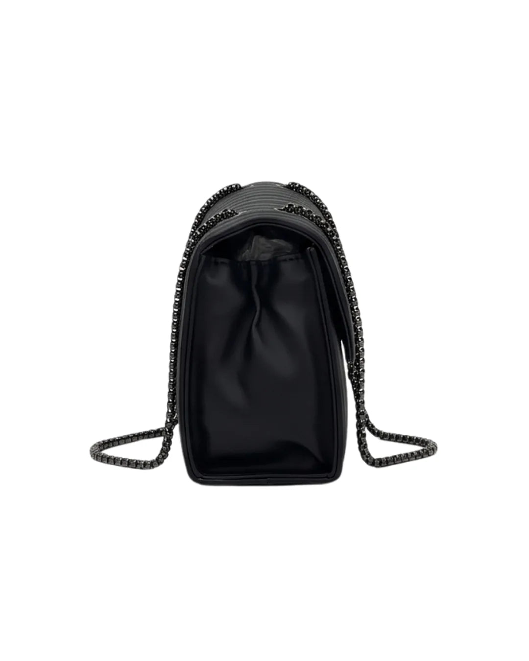 Black handbag with chain strap on a white background