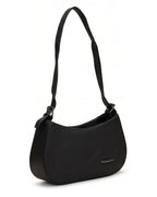 Black handbag with a strap on a white background
