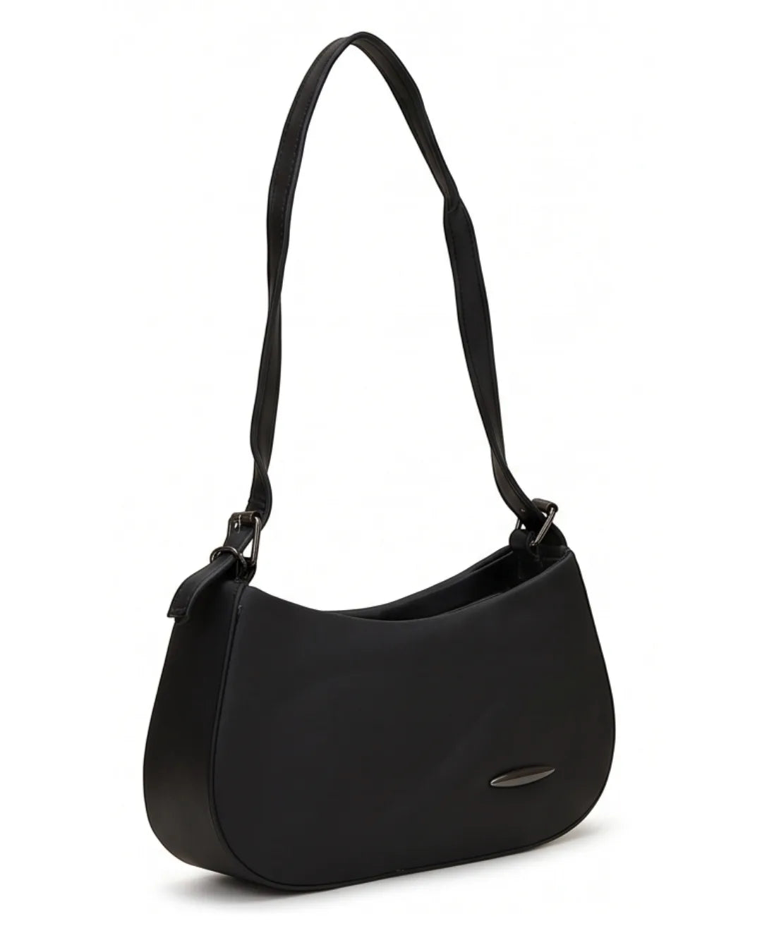Black handbag with a strap on a white background