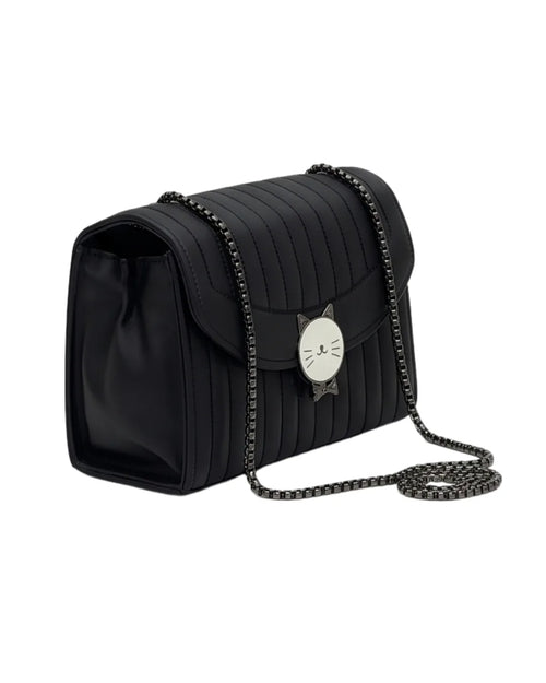Black quilted handbag with chain strap on a white background