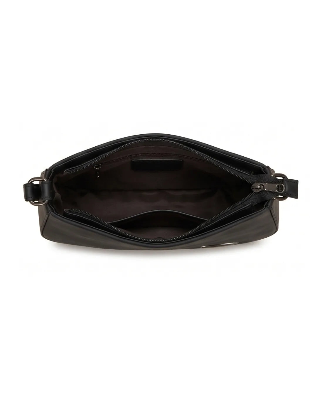 Black leather handbag on a white background