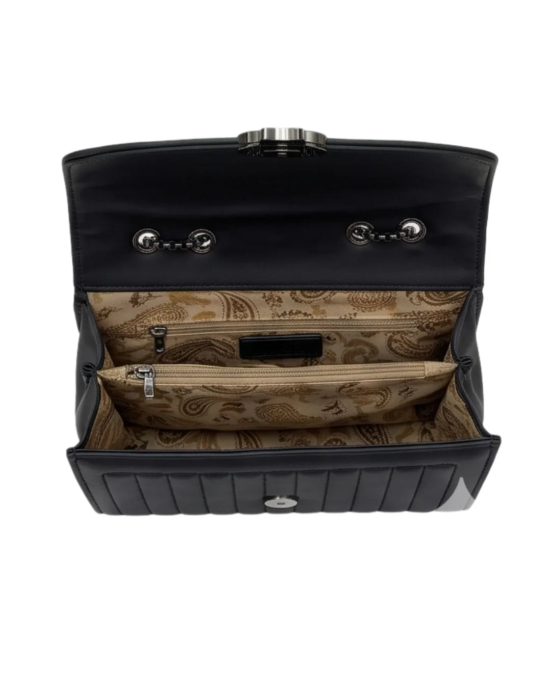 Black handbag with paisley pattern interior on a white background