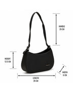Black handbag with measurements on a white background