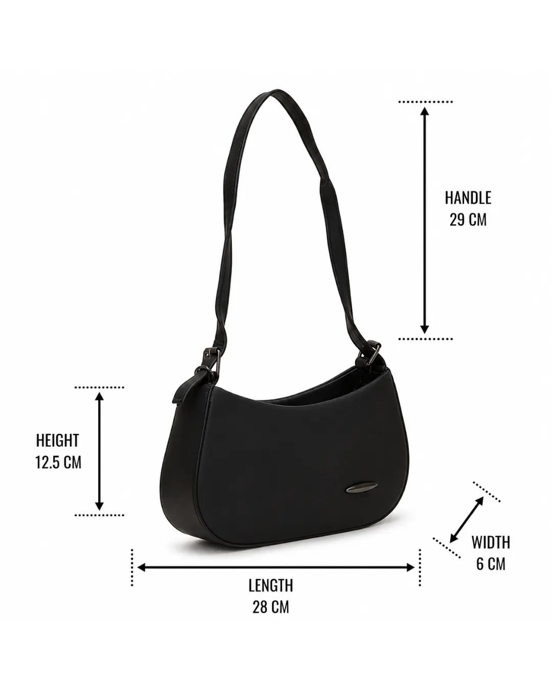 Black handbag with measurements on a white background