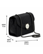 Black handbag with chain strap and cat face emblem, shown with measurements on a white background.