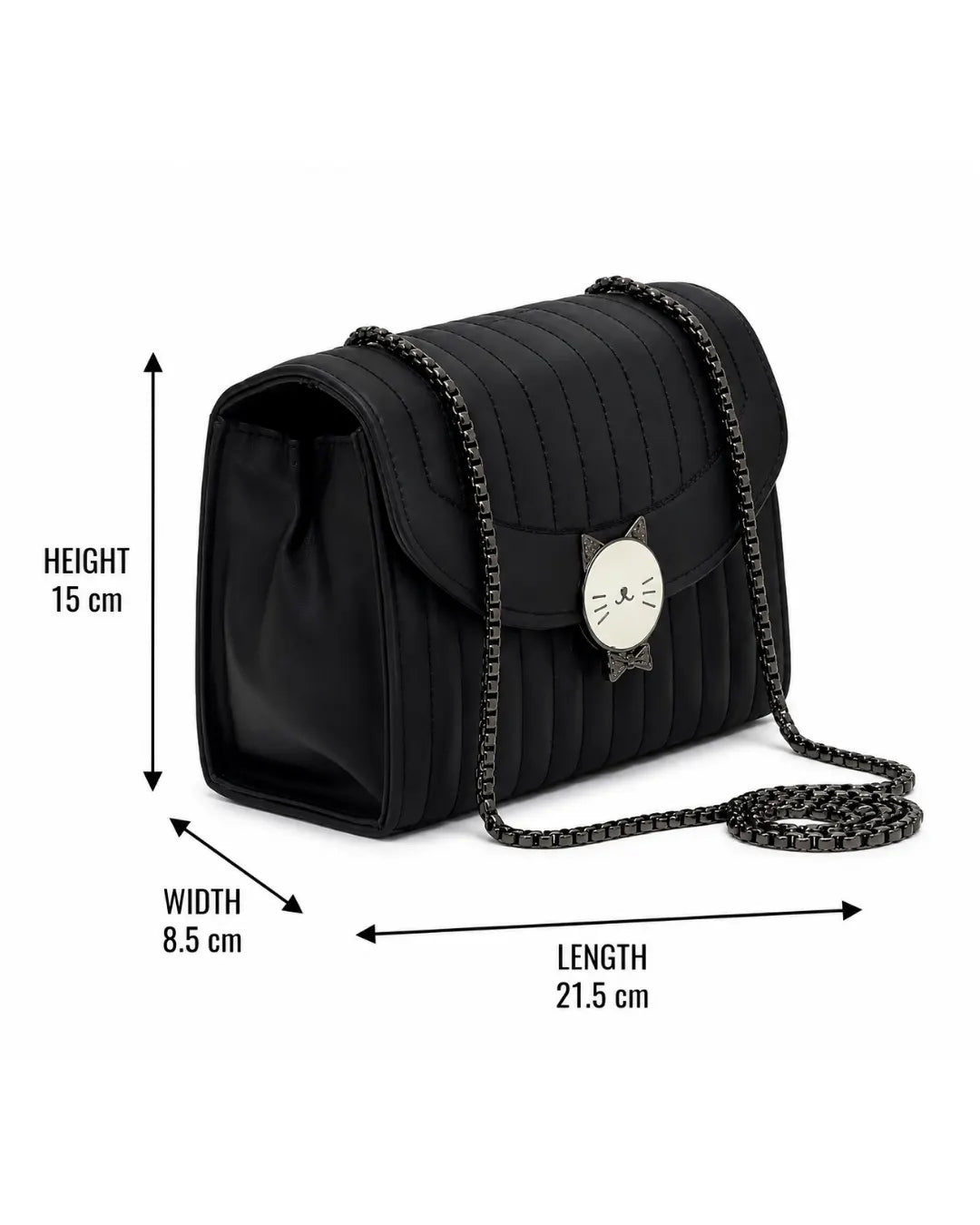 Black handbag with chain strap and cat face emblem, shown with measurements on a white background.