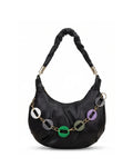Black handbag with colorful chain detail on a white background