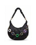 Black handbag with colorful chain detail on a white background