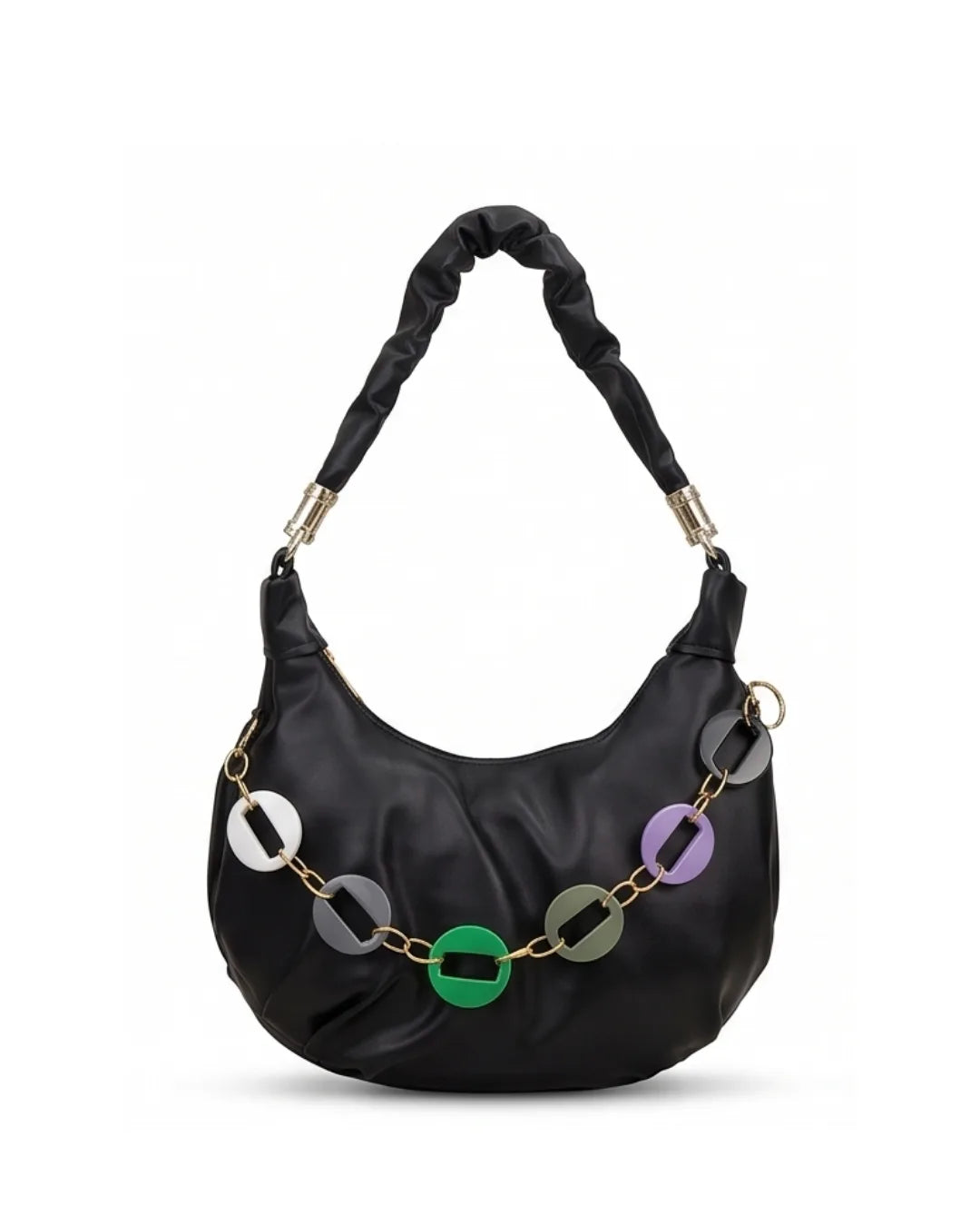 Black handbag with colorful chain detail on a white background