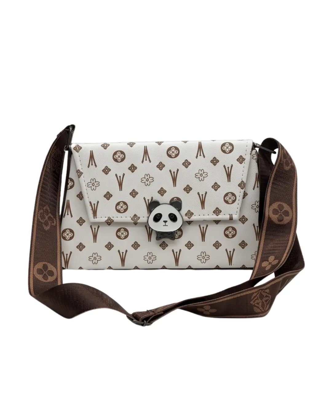 White handbag with brown pattern and panda charm on a white background