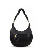 Black handbag with braided handle on a white background