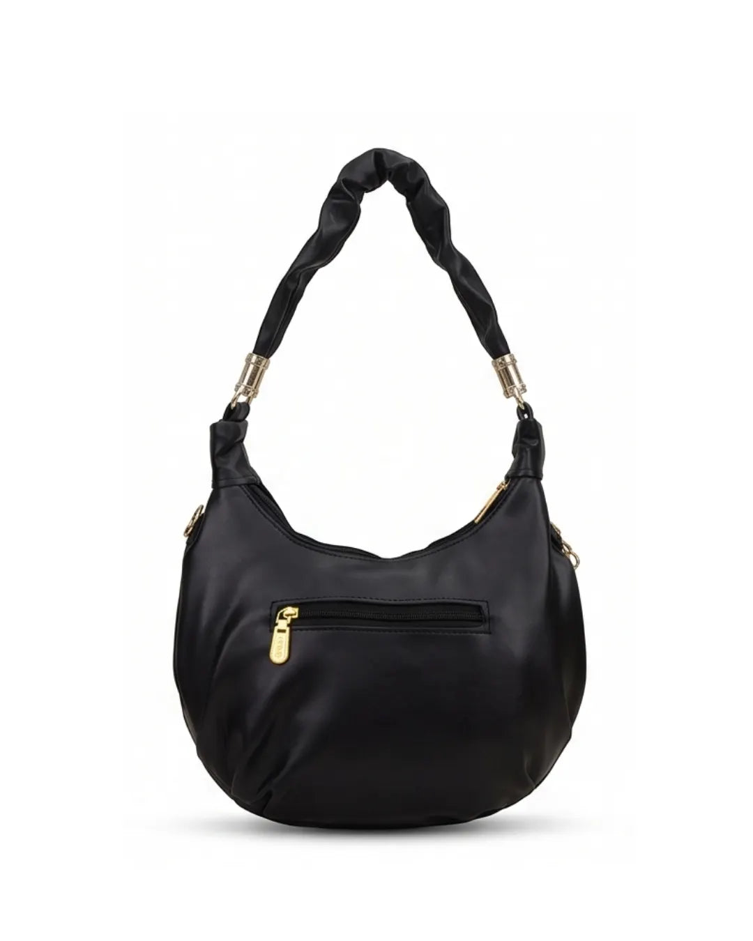 Black handbag with braided handle on a white background