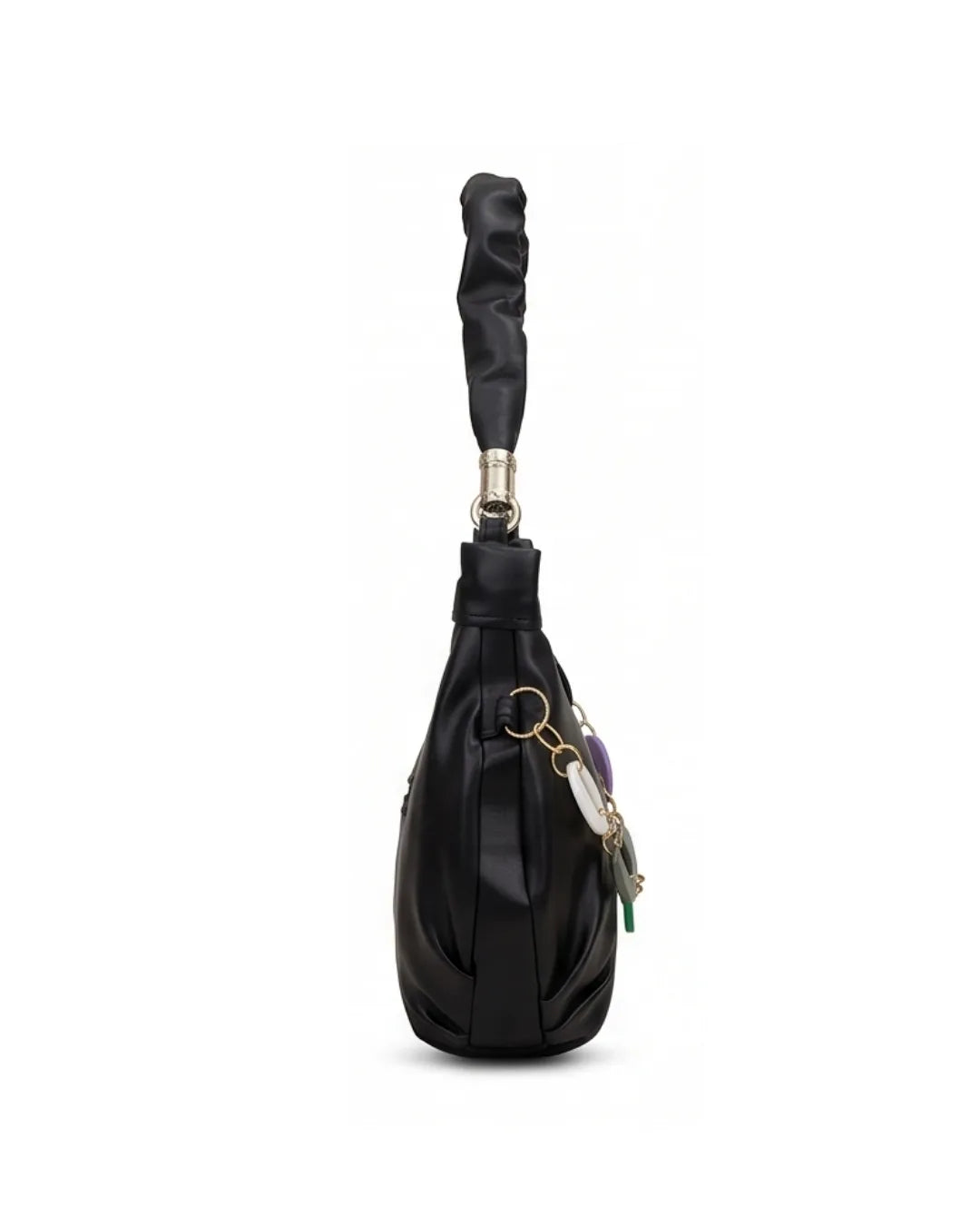 Black leather handbag with a long handle on a white background