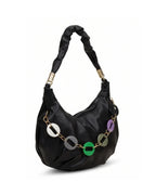 Black handbag with colorful chain detail on a white background