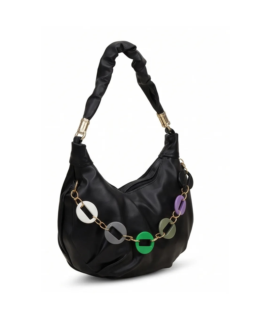 Black handbag with colorful chain detail on a white background
