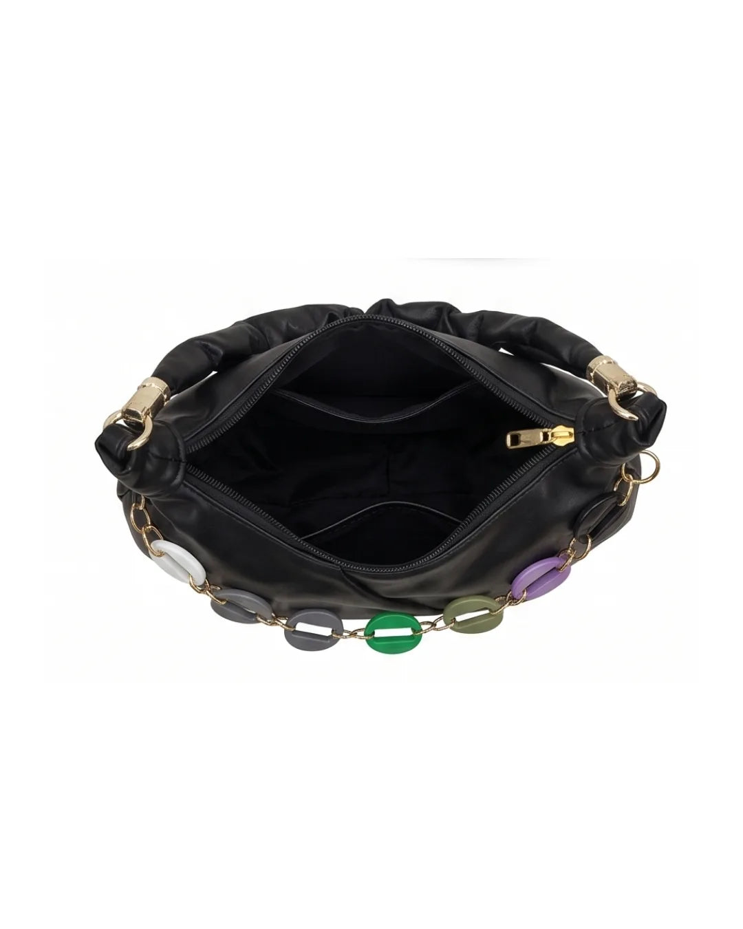 Black handbag with colorful accents on a white background
