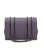 Purple handbag with a chain detail on a white background