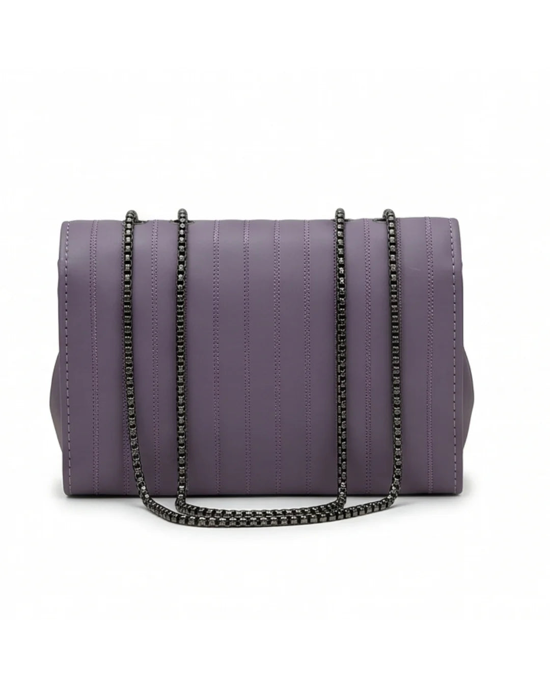 Purple handbag with a chain detail on a white background