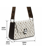 White handbag with panda design and brown strap, shown with measurements on a white background