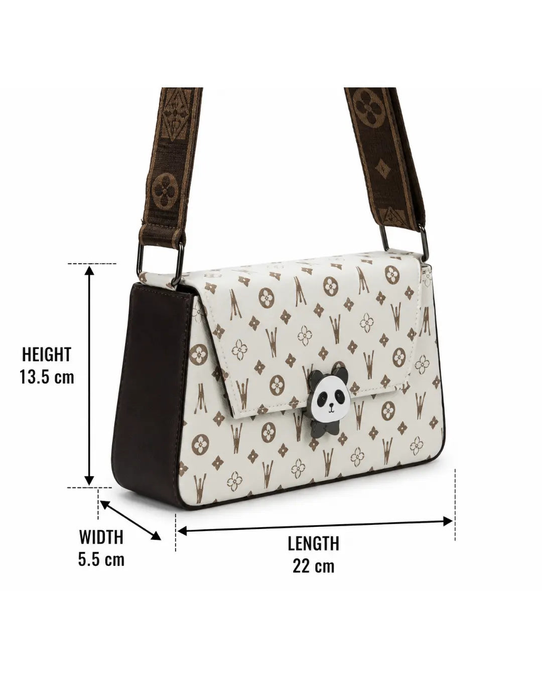 White handbag with panda design and brown strap, shown with measurements on a white background