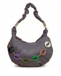 Gray handbag with colorful chain detail on a white background