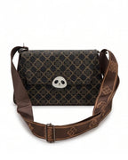 Patterned bag with panda emblem on a white background