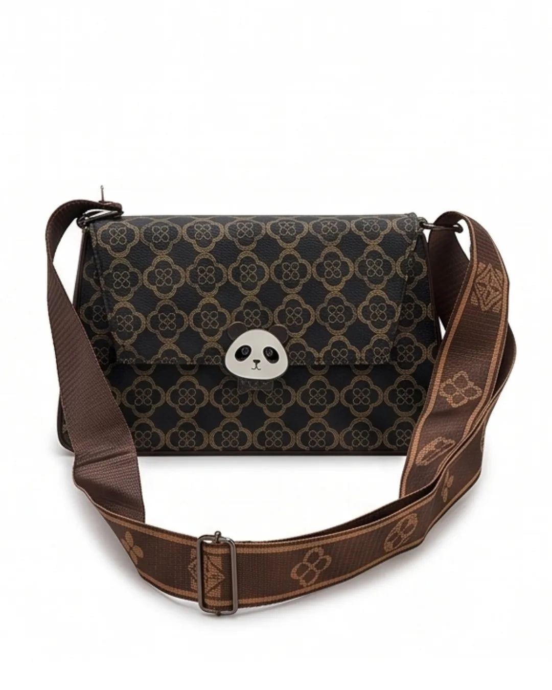 Patterned bag with panda emblem on a white background